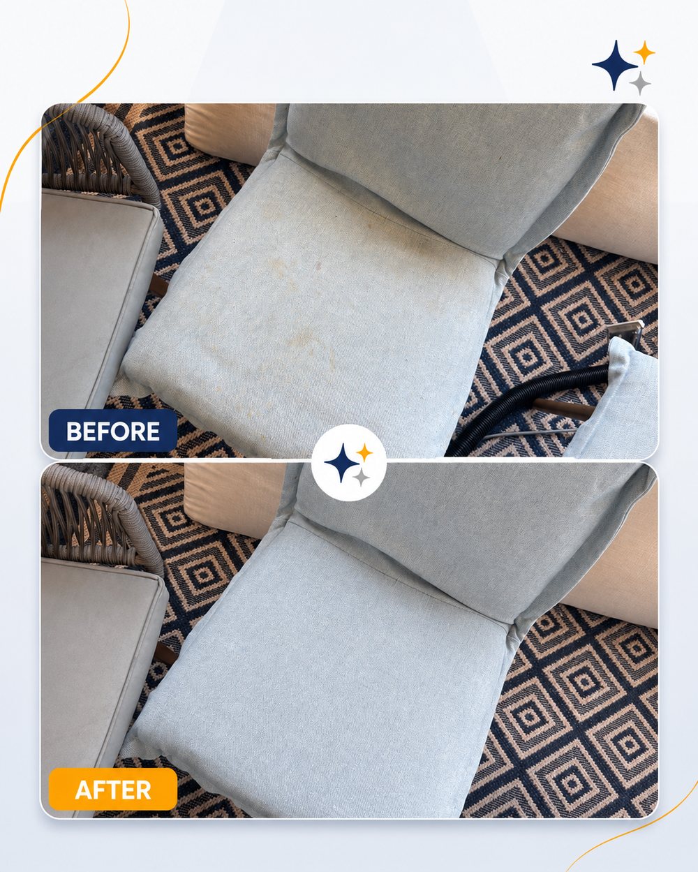 Kids' marker stains removed from sofa — before and after